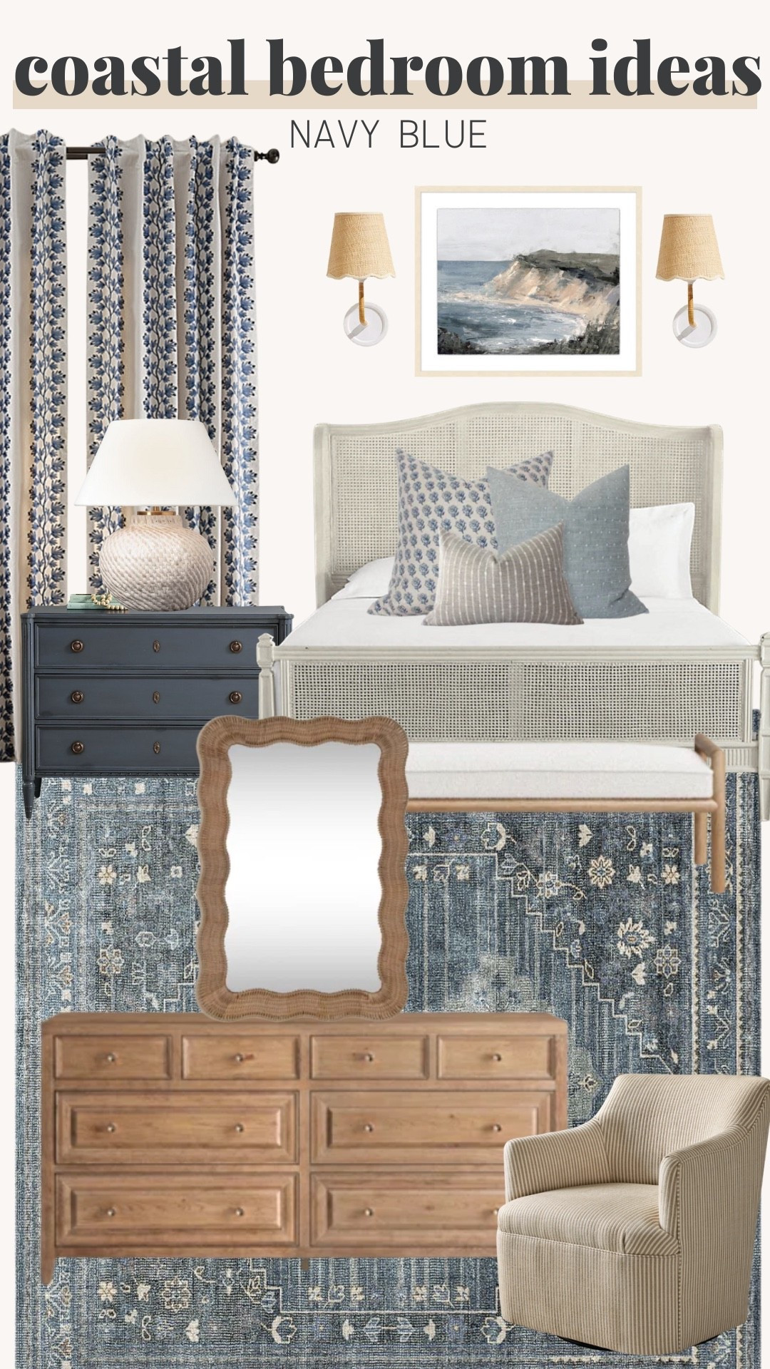 Navy blue coastal bedroom ideas! Curtain picks, bed, bedding, accent pillows, rug, nightstand, wall art, ceiling lighting, dresser, mirror, beach house, bench 

#LTKHome #LTKStyleTip #LTKU