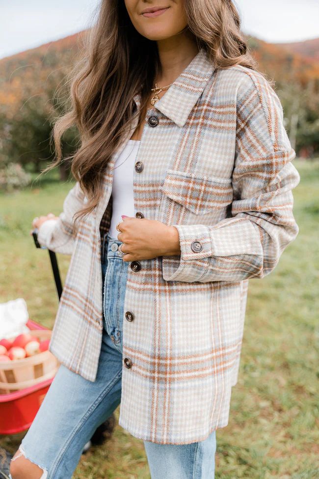 CAITLIN COVINGTON X PINK LILY The Chloe Oversized Beige Plaid Shacket | The Pink Lily Boutique