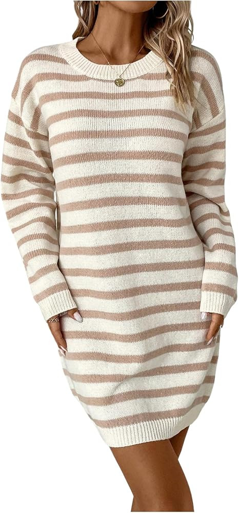Milumia Women's Striped Knit Sweater Dress Long Sleeve Crewneck Casual Short Dresses | Amazon (US)