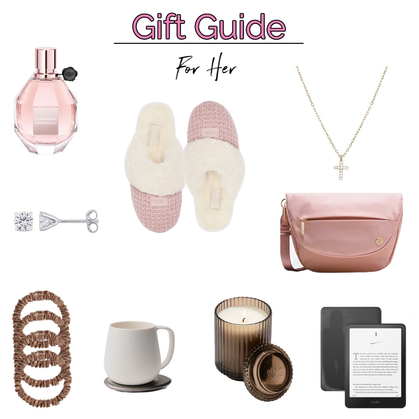 My Gift Guide for Her. 
-La Jolie Muse candle 
-Kindle Paperwhite
-Ugg Cozy Knit Genuine Sherling Slippers 
-Mug Warmer set 
-T3 interchangeable curling iron perfect for styling your hair when you need different barrel sizes. 
-Lululemon Festival Bag. 
-Julianna B. Solitaire earrings that look expensive but aren’t. 
-Slipsilk Skinny Scrunchies. These are silky smooth and perfect for your hair. 
-Gorjana Diamond Cross Necklace. Available in gold and White Gold. 
-Victor & Rolf Flowerbomb parfum. 

#LTKHoliday #LTKFindsUnder100 #LTKFindsUnder50