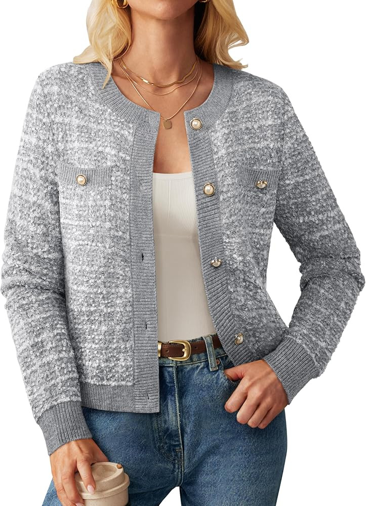 GRACE KARIN Womens Open Front Button Down Long Sleeve Texture Knit Cardigan Sweaters with Pockets | Amazon (US)