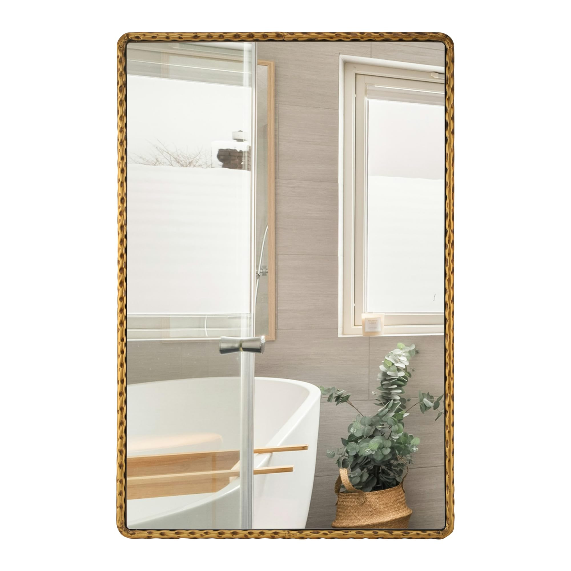 24"x36"Antique Gold Rounded Rectangle Bathroom Mirror, Hammered Metal Frame Wall Mirror, Vintage ... | Amazon (US)