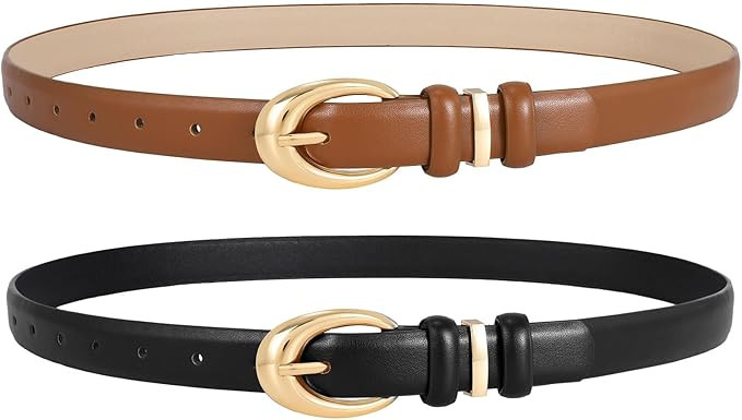 LEACOOLKEY 2 Pack Women Leather Belts for Jeans Dress Fashion Ladies Belt with Gold Silver Buckle | Amazon (US)