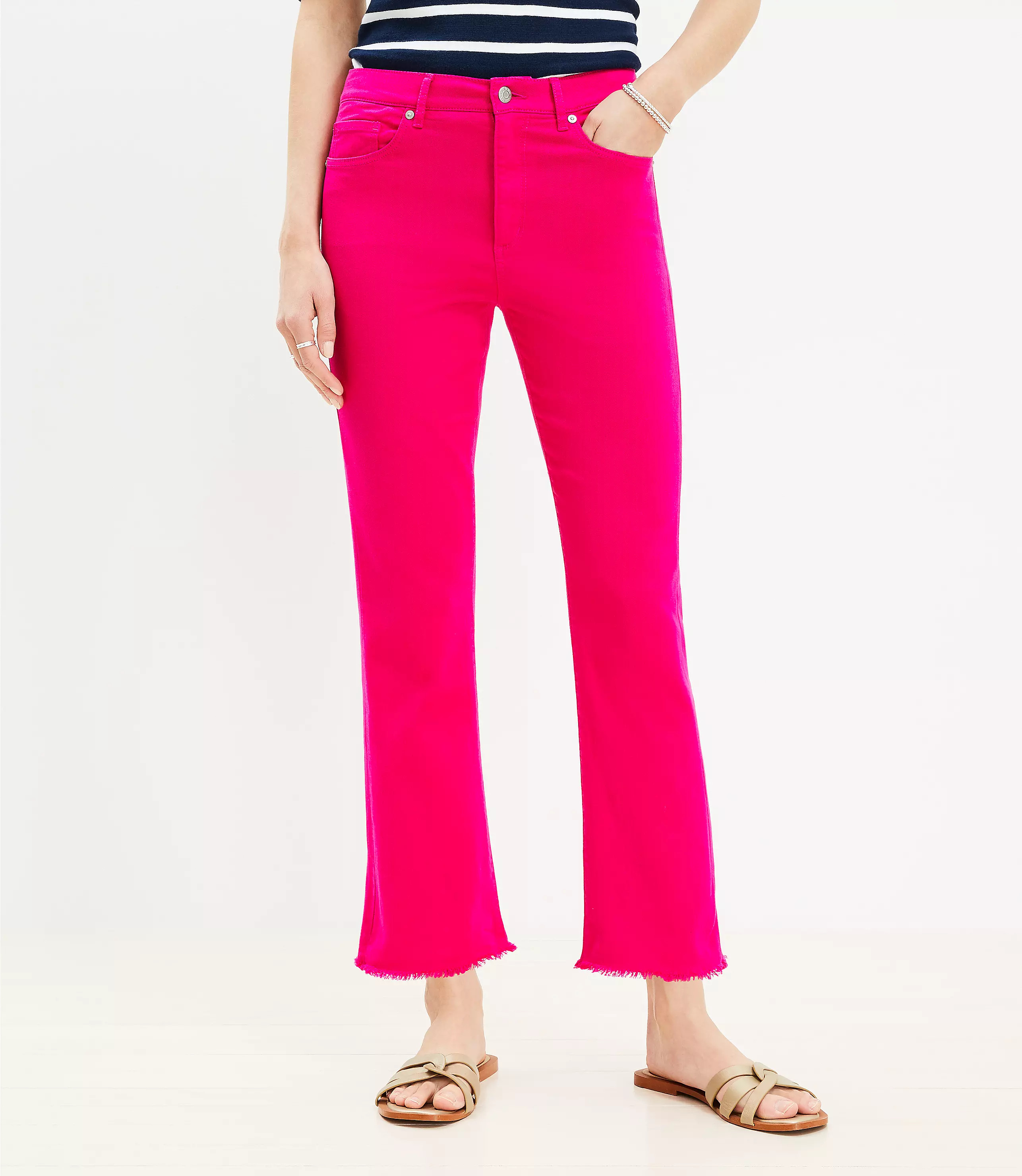 Frayed High Rise Kick Crop Jeans in Radiant Fuchsia | LOFT