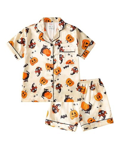 MyFav Girls Pajama Set Halloween Short Sleeve Button Down Silky Satin Girls PJS Kids Sleepwear Nightwear Loungewear Set,Beige Pumpkin,16Y | Amazon (US)