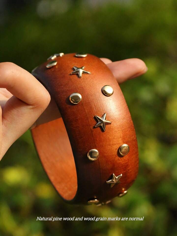 European And American Popular Women's Wide-Faced, Natural Pine Wood, Asymmetrical Resin Bracelets, Suitable For Daily Clothing, Festive Clothing, Boho Style, (Natural Pine Wood, Wood Grain, Wood Marks Are Normal) | SHEIN