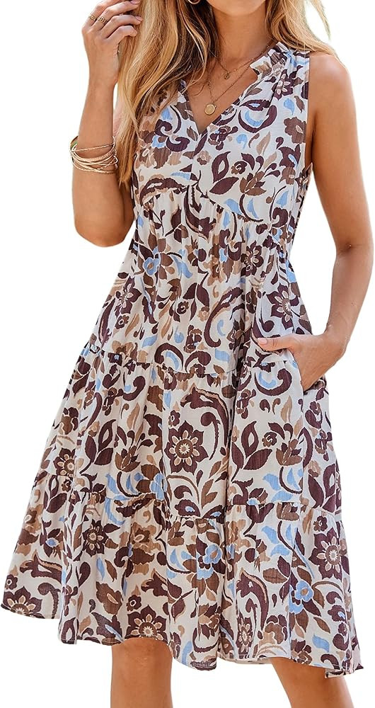 Glamaker Womens Summer Casual Dress Boho Babydoll Sleeveless V Neck Floral Mini Short Dresses Bea... | Amazon (US)