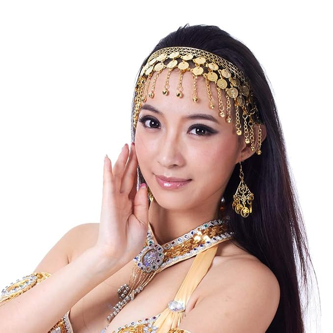 Lauthen.S Women Belly Dance Headband Coins Tribal Headpiece Gypsy Jewelry Costume Accessory,Gold | Amazon (US)