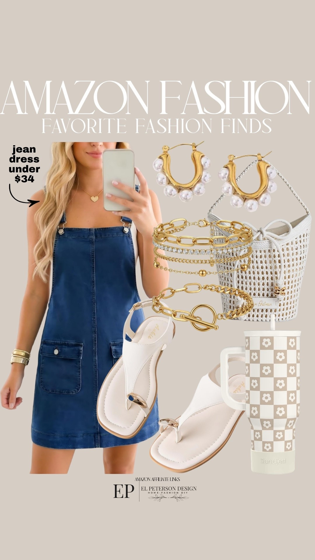 Amazon
Dress
Sandals
Tumbler
Bracelet 
Earrings 
Purse