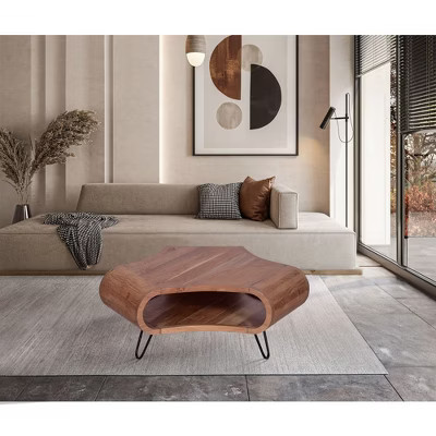 Royal Hampton 37 Inch Coffee Table, Handcrafted Curved Hexagon Shape with Open Shelf, Natural Brown Acacia Wood, Iron Legs | Target