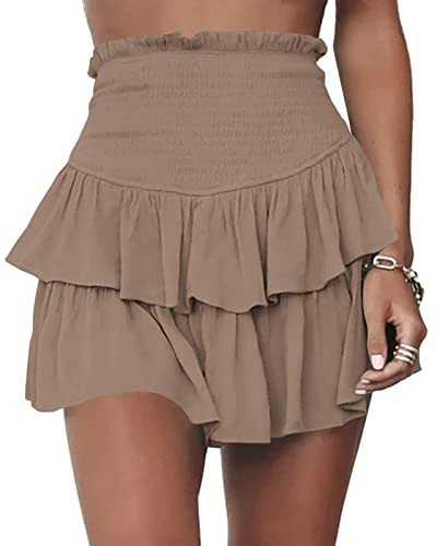 Meikulo Women Smocked Ruffle Mini Skirts Summer High Waisted Tiered Short Skirt with Shorts Underneath Khaki, M | Amazon (US)
