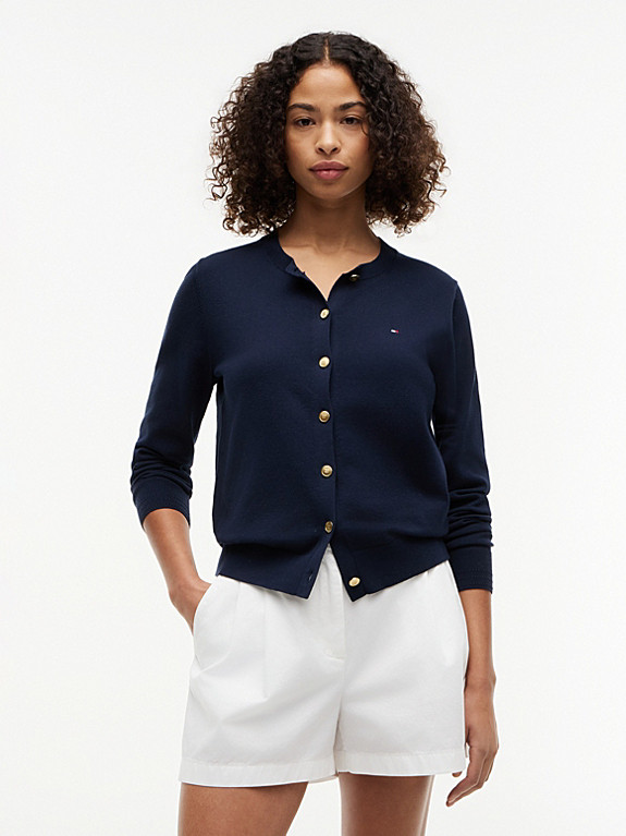 Fine Knit Jersey Crew Neck Cardigan | Blue | Tommy Hilfiger | Tommy Hilfiger UK