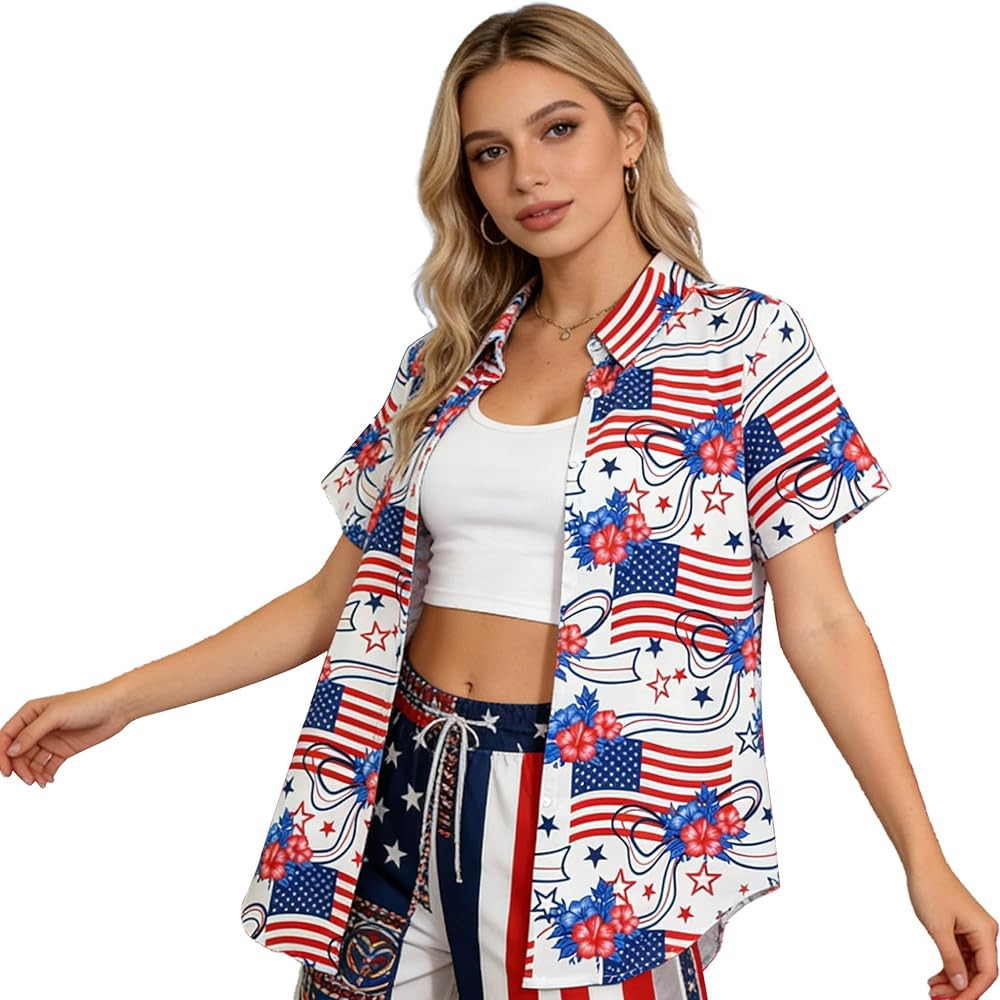 Womens USA Shirts American Flag Button Down Tshirts 4th of July Hawaiian Patriotic Short Sleeve | Amazon (US)