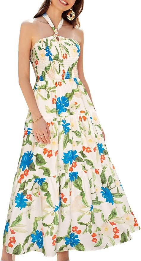 GRACE KARIN Women's Summer Dresses 2025 Halter Neck Sleeveless Smocked Backless Cut Out Floral Fl... | Amazon (US)