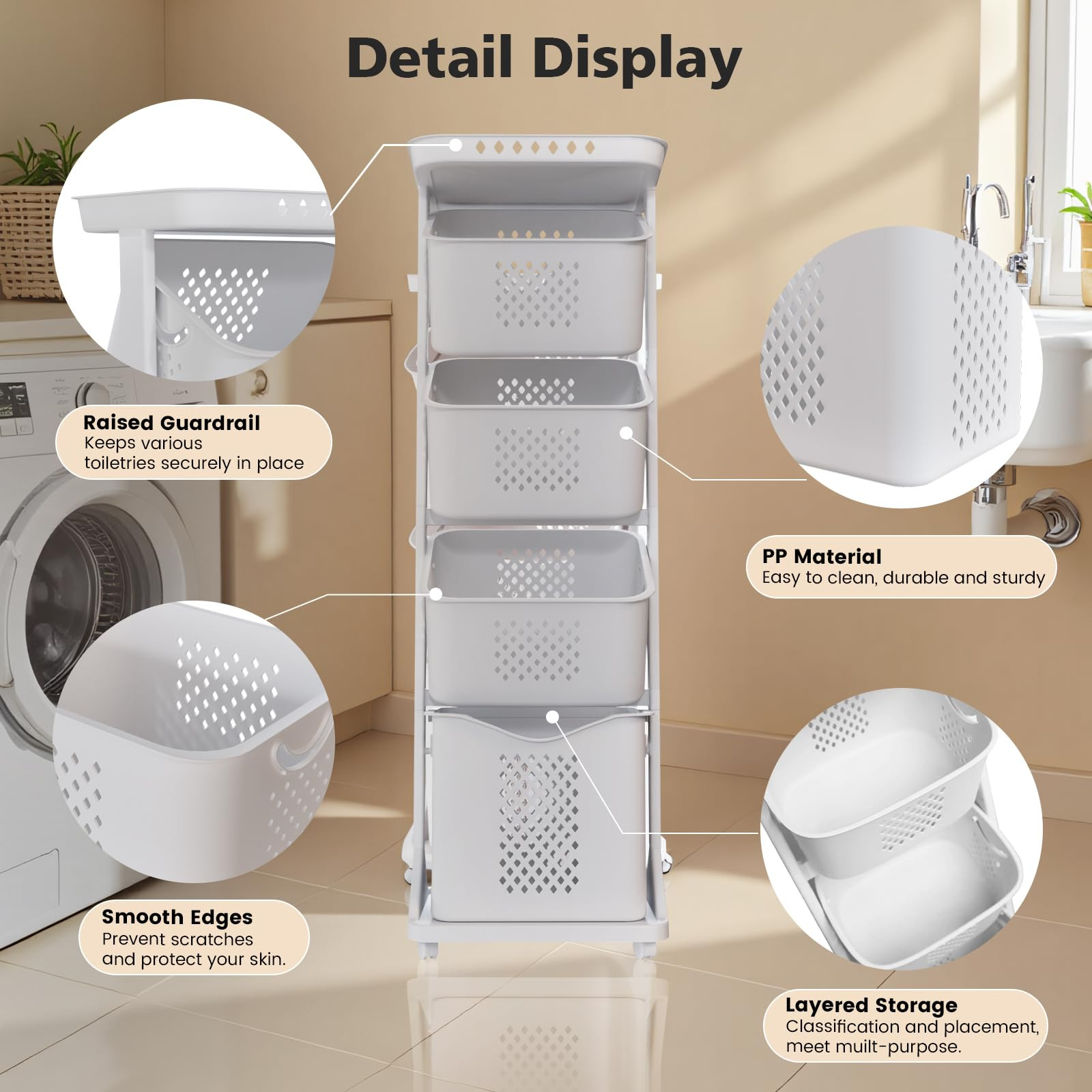 4-Tier Laundry Hamper Sorter, Vertical Rolling Laundry Baskets with Wheels Removable, Stackable L... | Amazon (US)