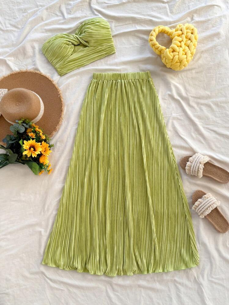 SHEIN Dreamara 2pcs/Set Green Pleated Tube Top & Long Skirt Beach Holiday Set, Summer Two-Piece O... | SHEIN