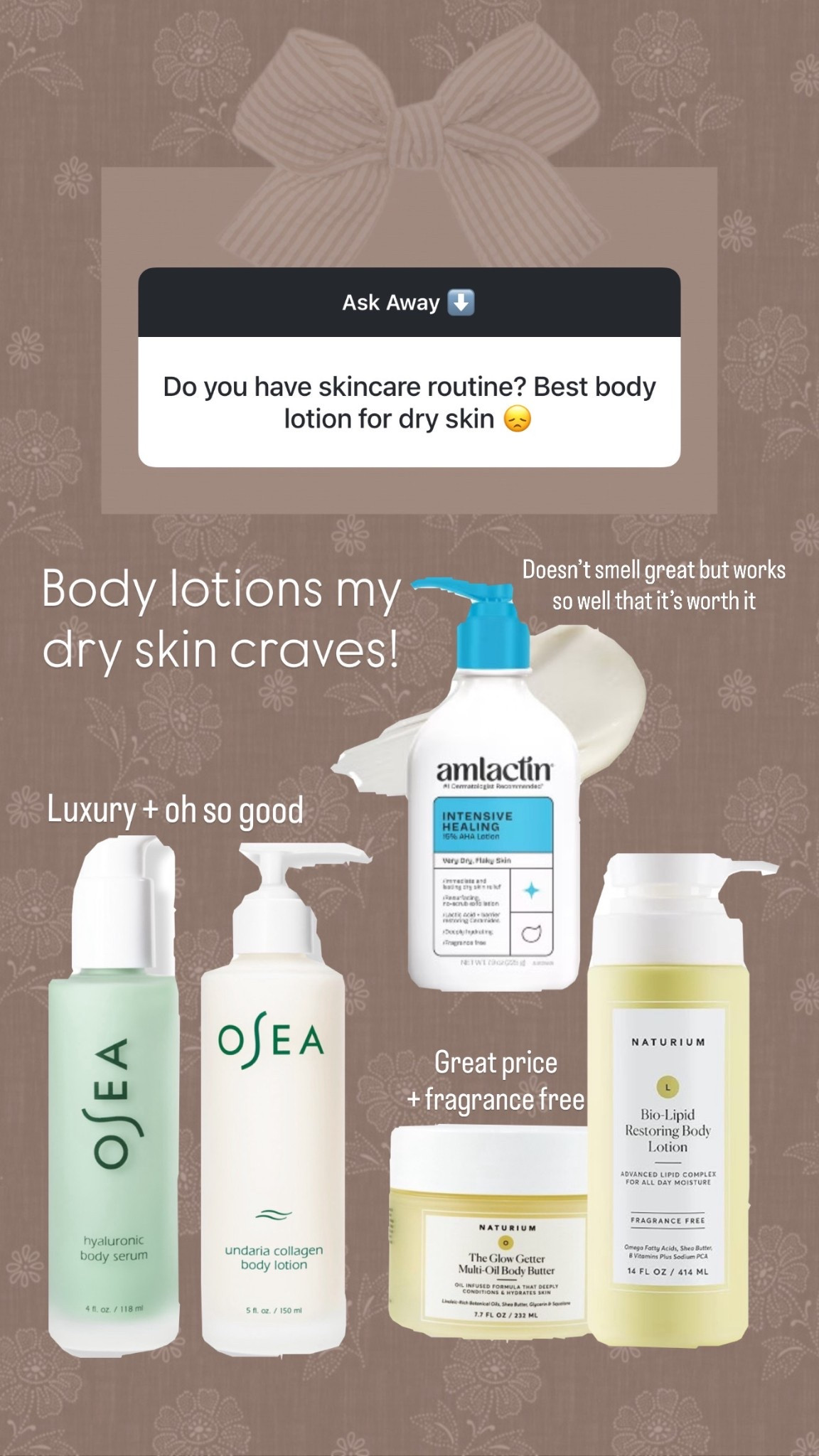 The best body lotions for dry winter skin. Moisturize that dry skin with my favorites  

#LTKBeauty #LTKmomlife #LTKselfcare
