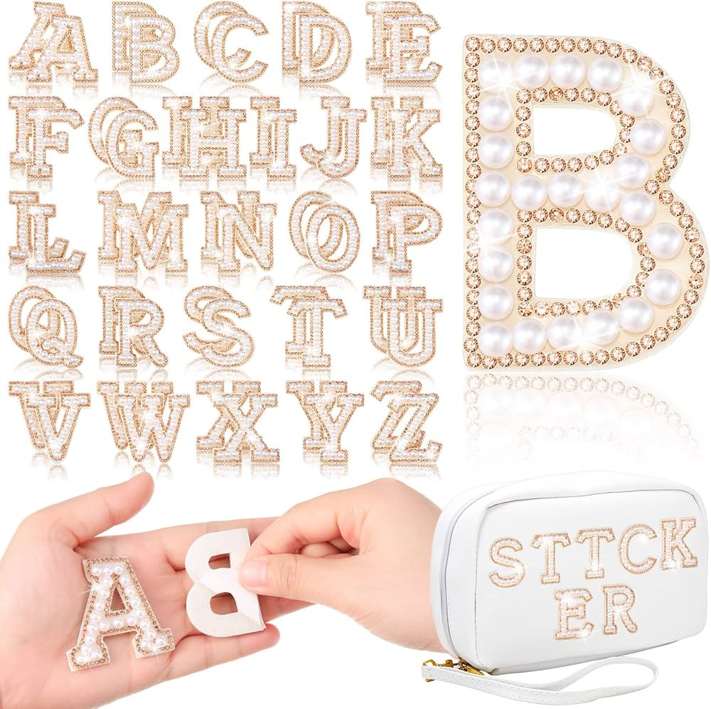 WILLBOND 52 Pieces Self Adhesive Pearl Rhinestone Letter Patches A-Z Bling Rhinestone Letter Stic... | Amazon (US)