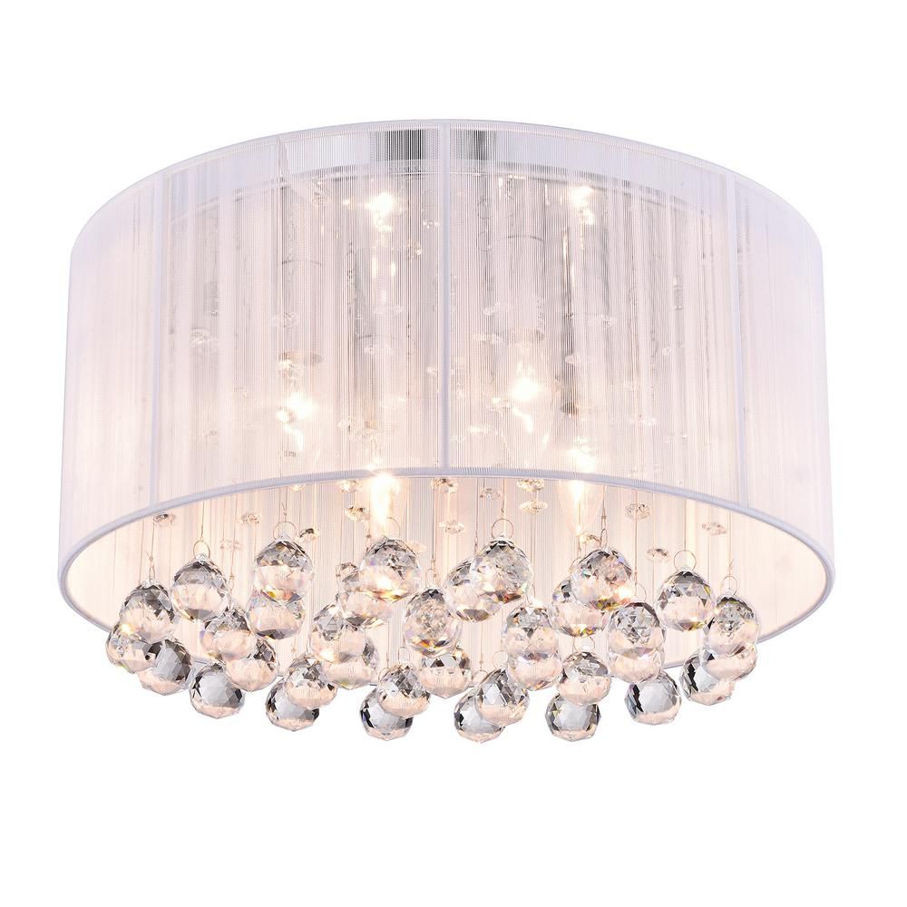 Belle 4-Light White Thread and Chrome Flush Mount with Hanging Crystals | The Home Depot