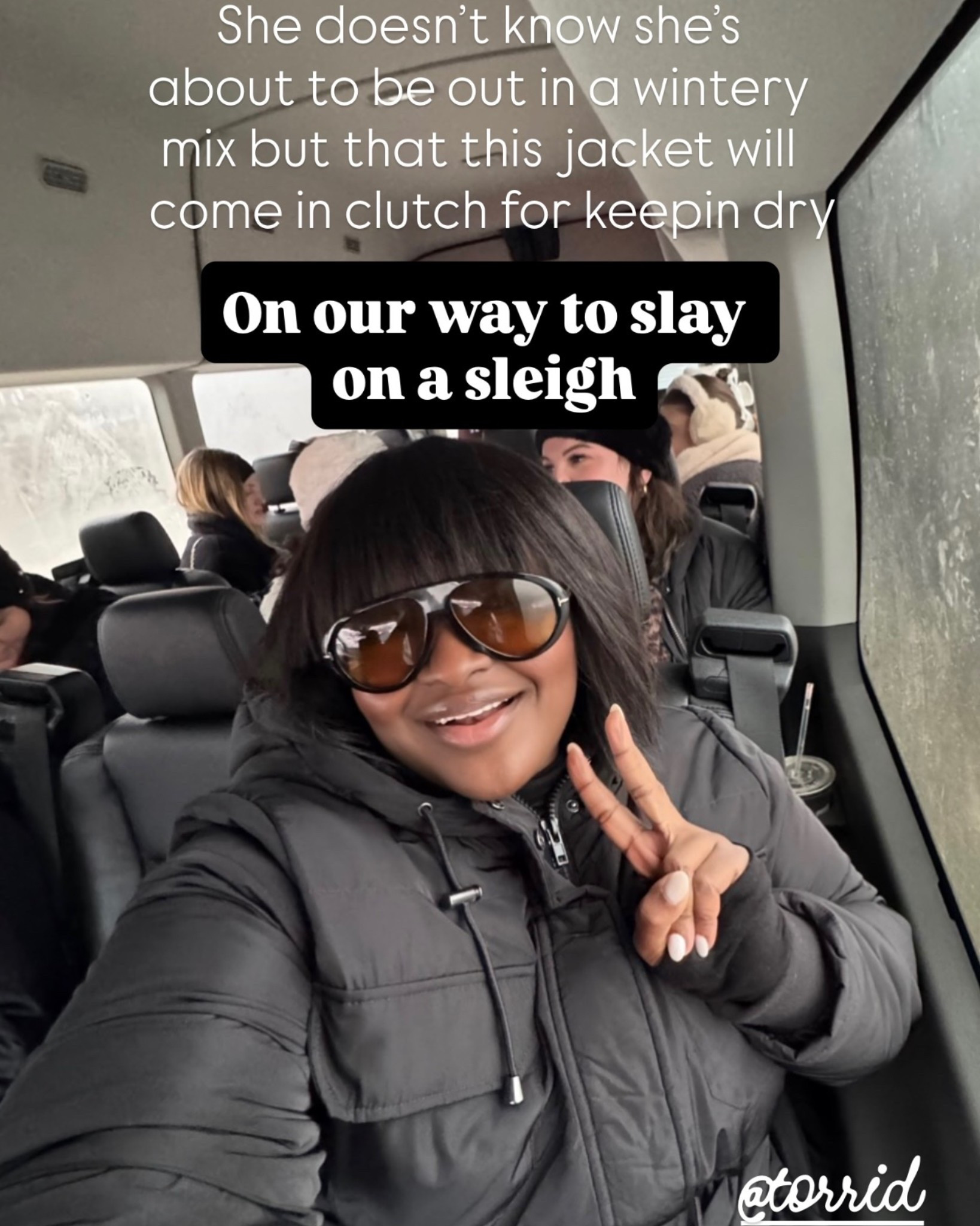 On our way to slay 
on a sleigh y She doesn’t know she’s about to be out in a wintery mix but that this  jacket will come in clutch for keepin dr @torrid  Reply warm
for details