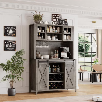 70"Wine Coffee Bar Cabinet with Storage Hutch, Tall Kitchen Pantry Liquor Cabinet with Sliding Barn Doors, Bottle Glasses Rack, Farmhouse Buffet | Target