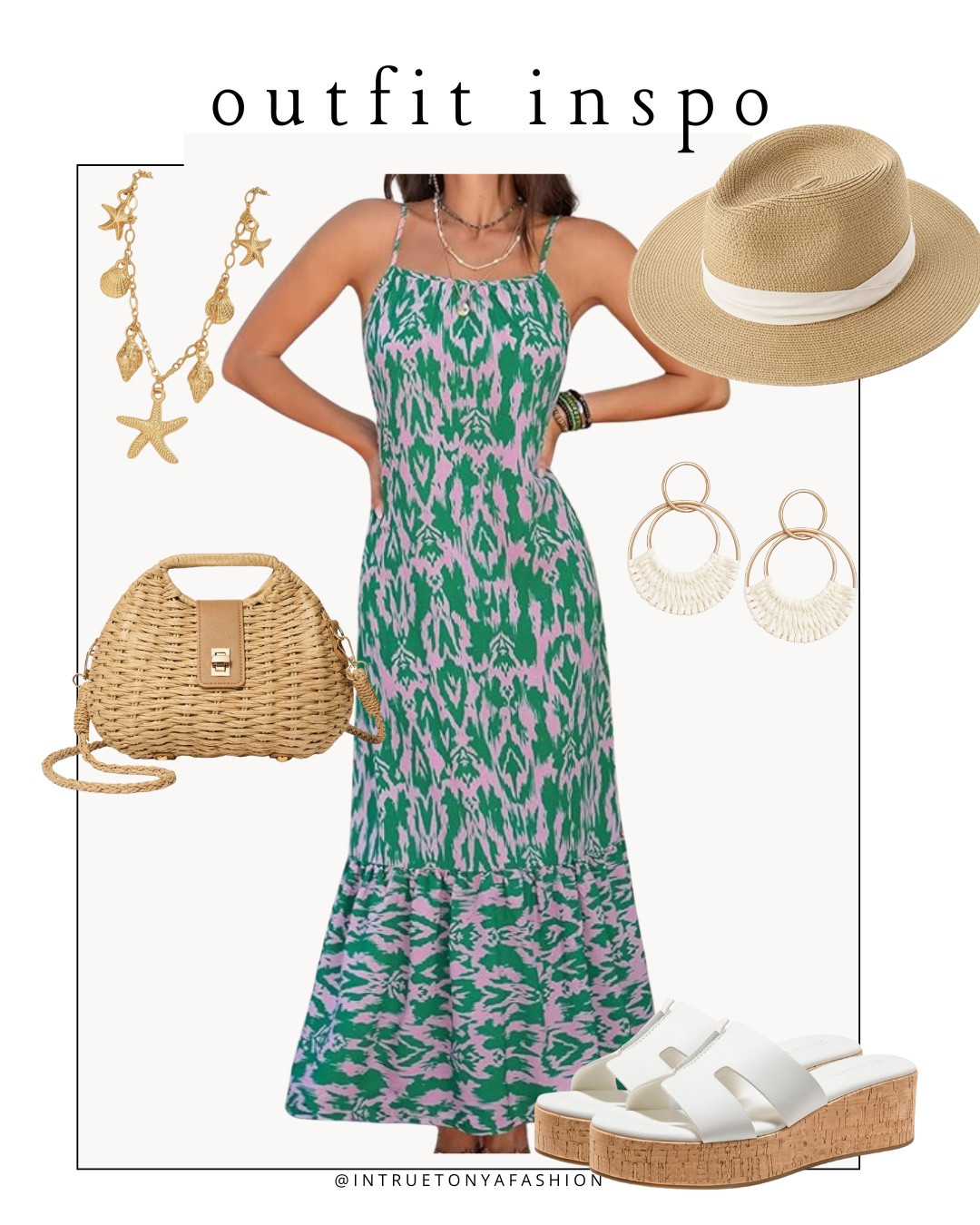 Vacation outfit idea from amazon — printed maxi dress, sun hat, straw purse, seashell necklace, earrings, and platform sandals







vacation outfits, tropical outfits, beach outfits, beach clothes, resort wear 2026, summer outfits, beach vacation outfit 

#LTKSaleAlert #LTKTravel #LTKSeasonal