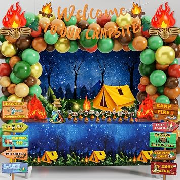 105 PCS Camping Birthday Party Decorations Kit with 3D Campfire & Forest Backdrop - Reusable Camp... | Amazon (US)