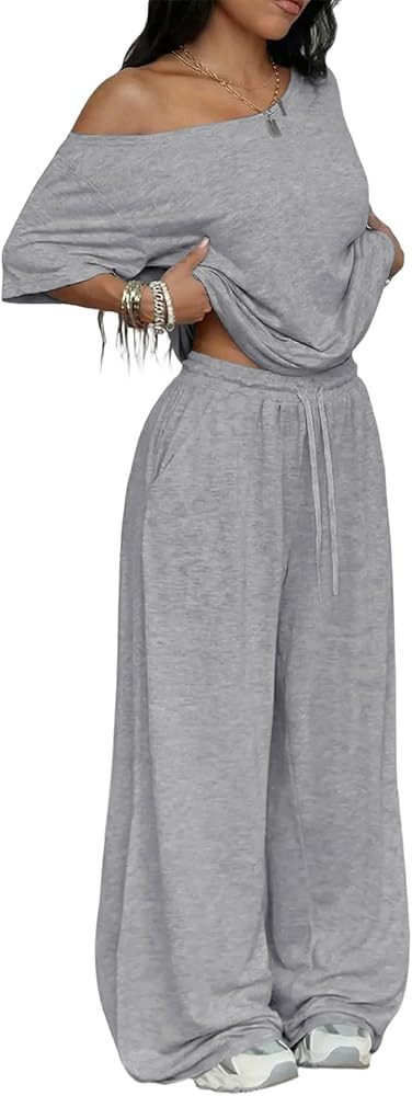 GFU Matching Lounge Sets For Women Two Piece Off The Shoulder Short Sleeve Top Wide Leg Sweatpant... | Amazon (US)