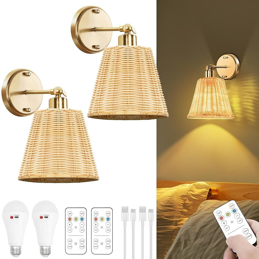 Frideko Rattan Rechargeable Battery Operated Wall Sconces Set of Two with Remote, 3 Colors Dimmab... | Amazon (US)