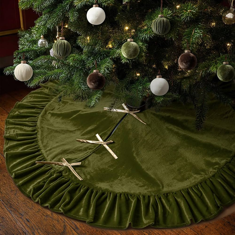 48 Inches Velvet Christmas Tree Skirt Olive Green with Gold Bow Fur Plush Tree Skirt Luxury Xmas ... | Amazon (US)