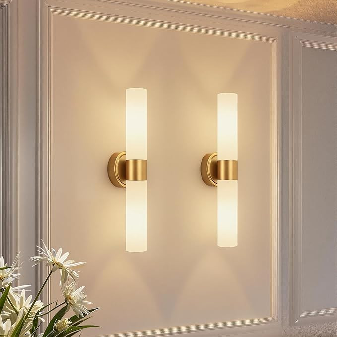 Wall Sconces Set of Two, Modern Bathroom Sconces Wall Lighting with Milky White Glass, Brushed Go... | Amazon (US)