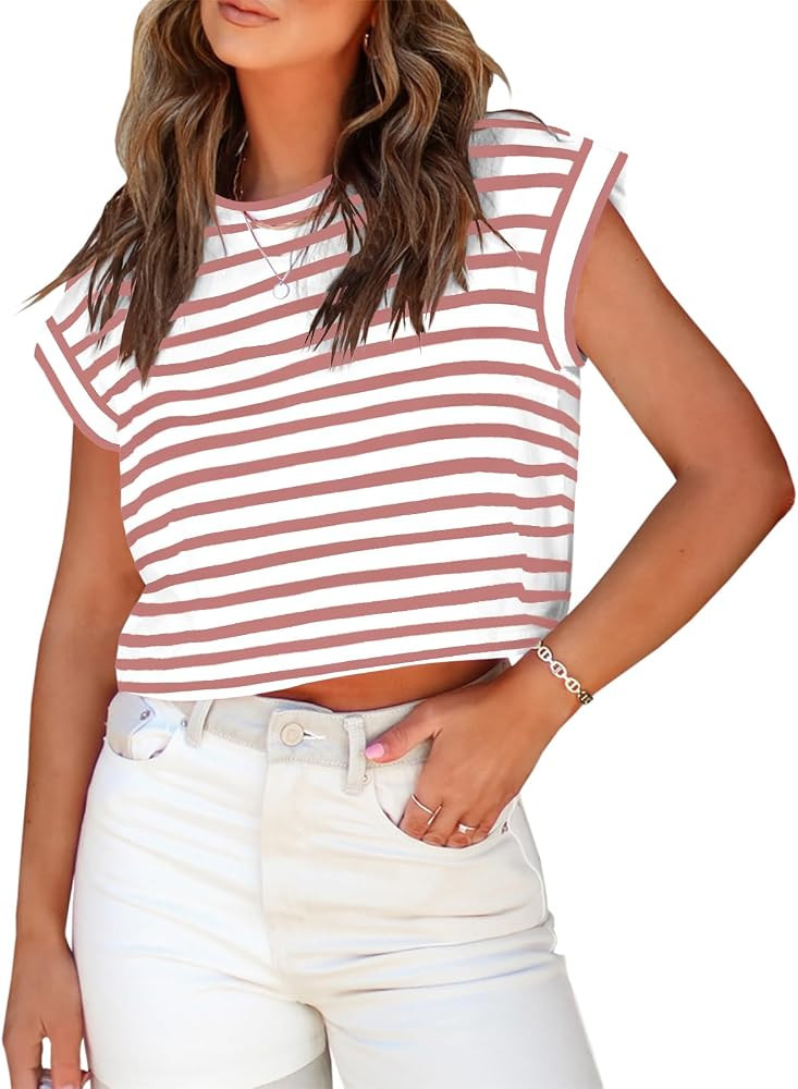 Tankaneo Womens Short Sleeve Cropped T-Shirts Summer Rolled Dolman Sleeve Crop Tops Casual Round ... | Amazon (US)