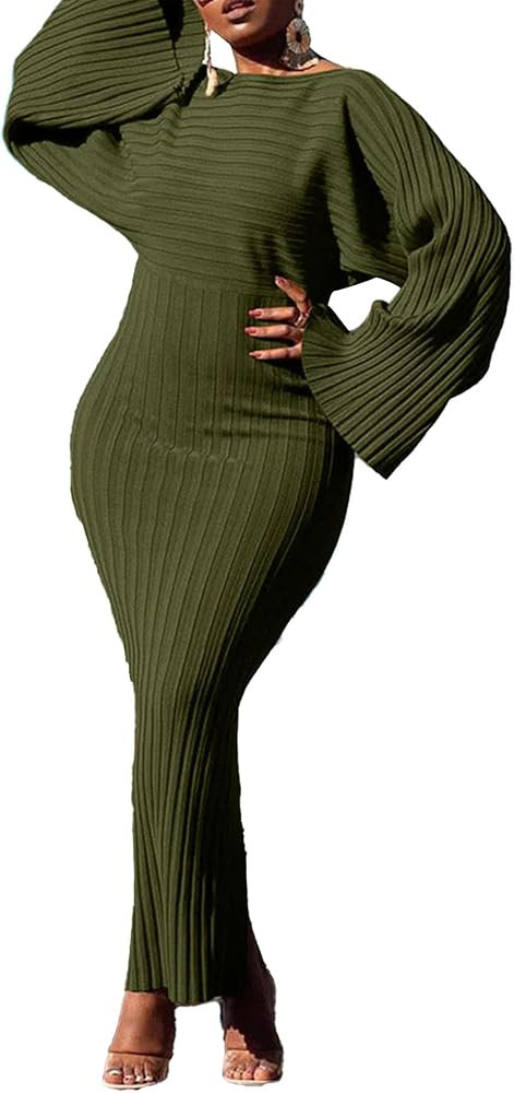 LETSVDO Womens Plus Size Sweater Dress Maxi Batwing Long Sleeve Pleated Knit Ribbed Bodycon Cockt... | Amazon (US)