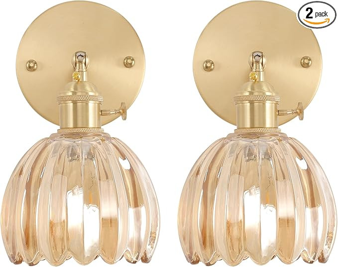 Vintage Wall Sconces Set of 2 with Amber Tulip Glass Lampshade 180 Degree Adjustable Brass Sconce... | Amazon (US)
