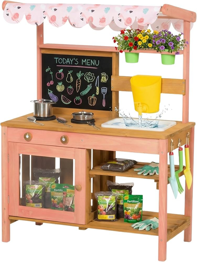 Qaba Kids Mud Kitchen with Canopy, Wooden Outdoor Play Kitchen with Planter Box, Chalkboard, Sink... | Amazon (US)