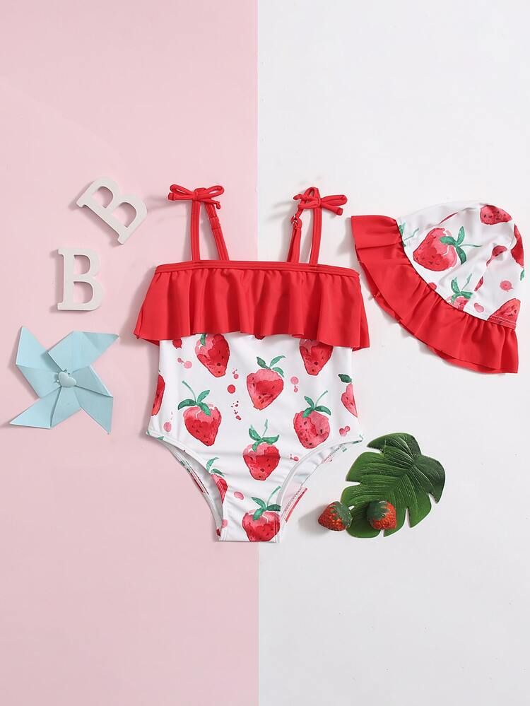 Baby Girl Strawberry Print Ruffle Trim One Piece Swimsuit & Swim Cap | SHEIN
