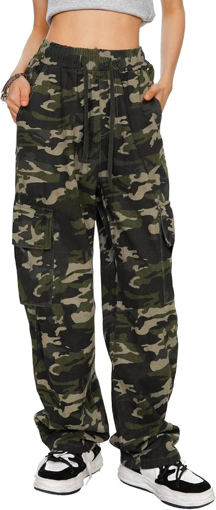 HVEPUO Camo Pants Women High Waisted Wide Leg Casual Y2K Camoflage Cargo Pants Baggy Elastic Wais... | Amazon (US)