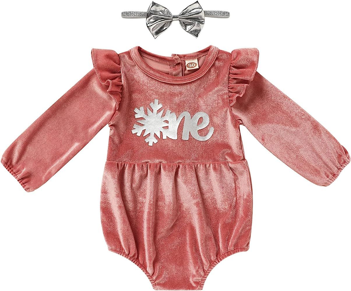 Baby Girl First Birthday Clothes Velvet One Year Old Romper Long Sleeve Bodysuit+Headband 2Pcs Cake  | Amazon (US)