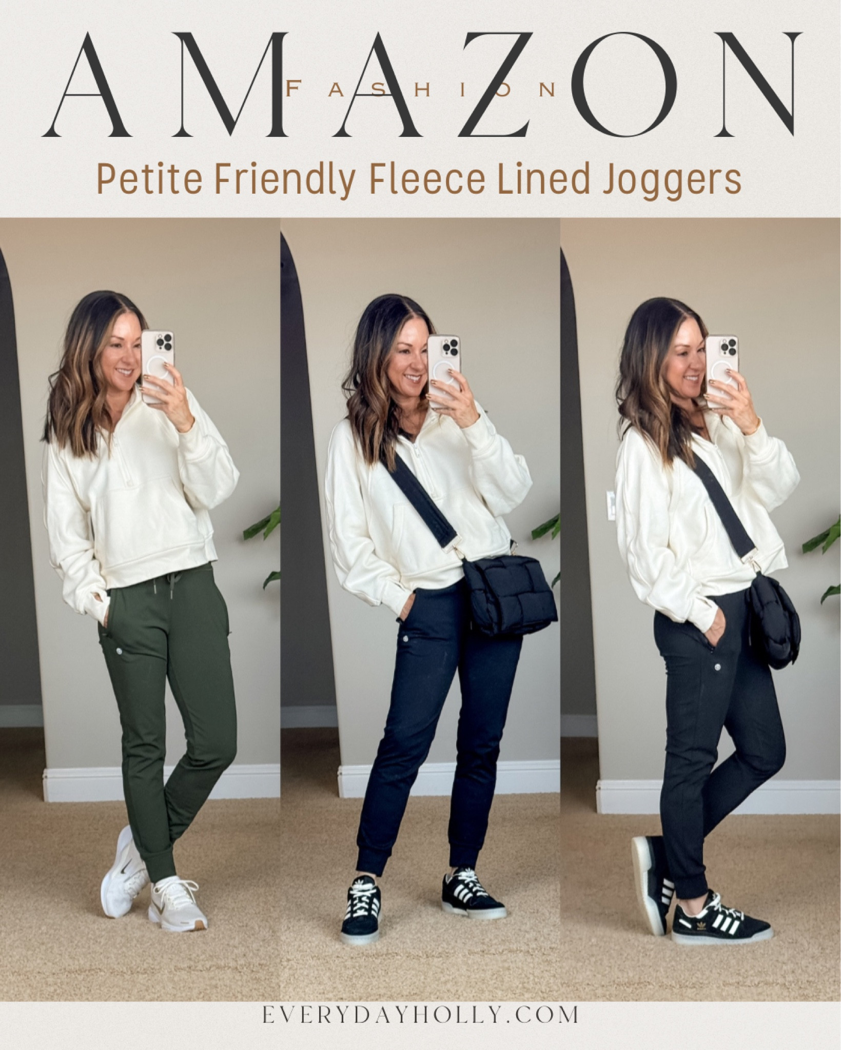 💥 Amazon prime day big deals on all 3 pieces! Petite friendly fleece lined joggers🔥 wearing XS in black and olive comes in 19 color options, XS-2XL, quarter zip pullover size small in khaki, nylon puffer bag. For reference: I'm 5'1", 109lbs
Adidas run & Nike sneakers both run TTS. 
Athleisure, activewear, petite over 50 style, fall outfit, fall fashion, winter outfit, 

#LTKxPrimeDay #LTKActive #LTKSaleAlert