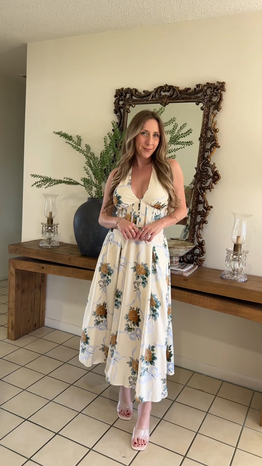 Amazon look for less midi halter floral dress inspired by house of CB