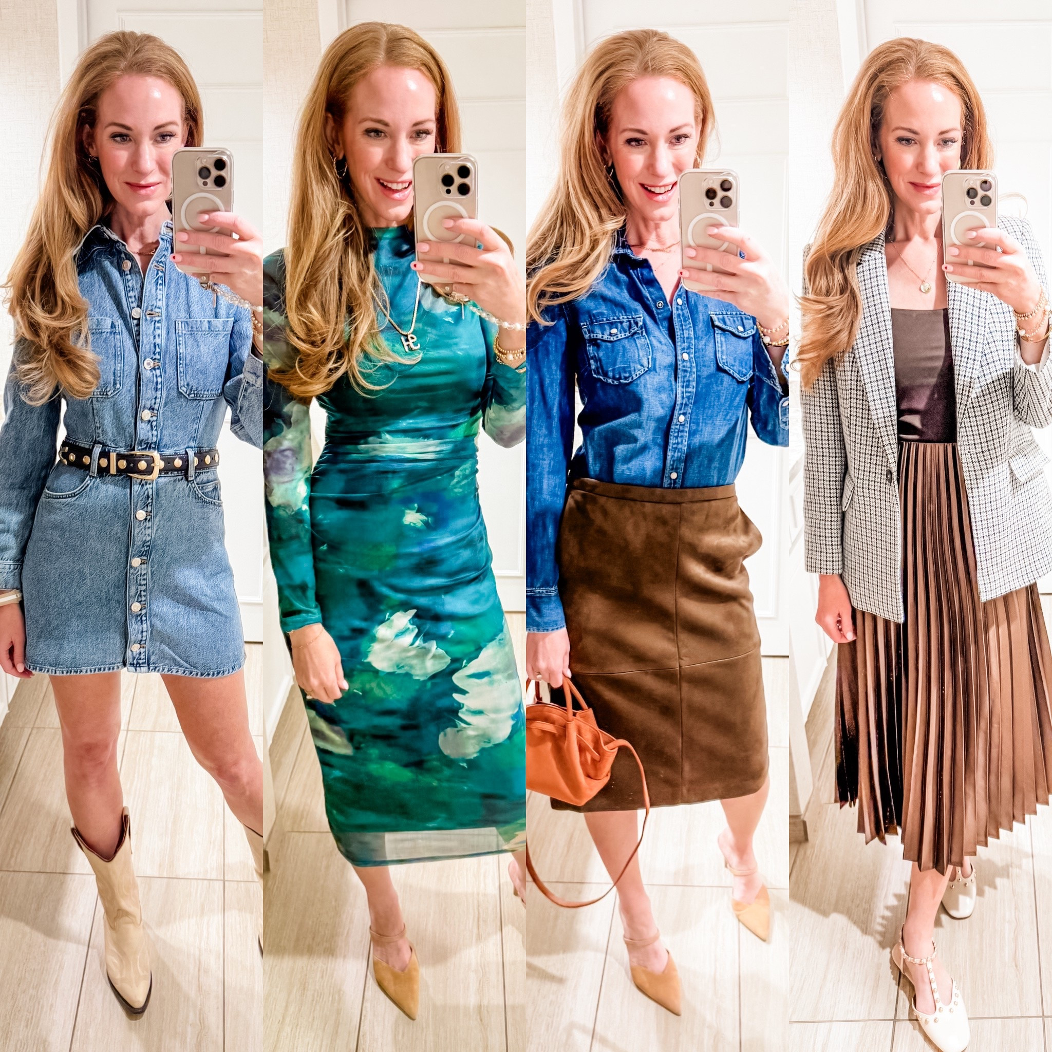 Last week’s looks! 
Browns and blues were the theme. 
Denim dress and shirt, brown suede skirt and chocolate pleated skirt, houndstooth blazer, and watercolor stretch dress. 💙🤎🩵

#LTKFindsUnder100 #LTKWorkwear #LTKStyleTip