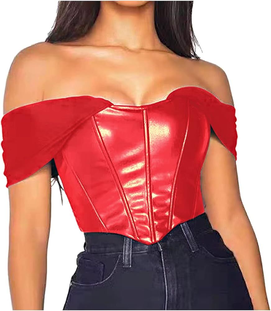 L'VOW Women's Sexy PU Leather Sweetheart Crop Top Off Shoulder Corset Mesh Sleeve Patchwork Boned Bu | Amazon (US)