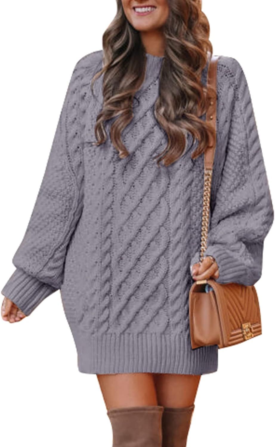 Lady Rabbit Women's Crewneck Long Sleeve Cable Knit Sweater Dress Slouchy Oversized Chunky Pullover  | Amazon (US)