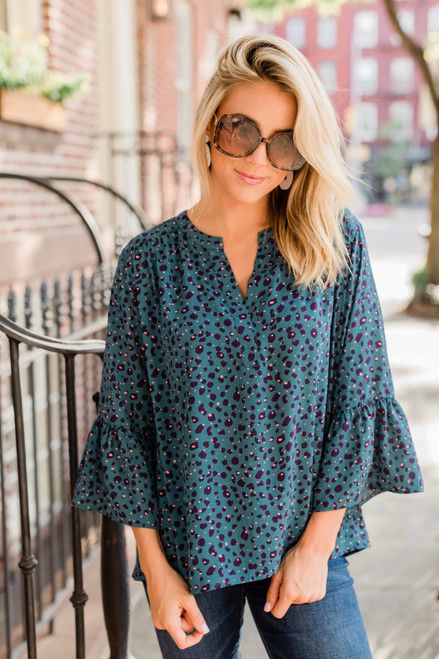 Pay Attention To Me Teal Animal Print Blouse | The Pink Lily Boutique