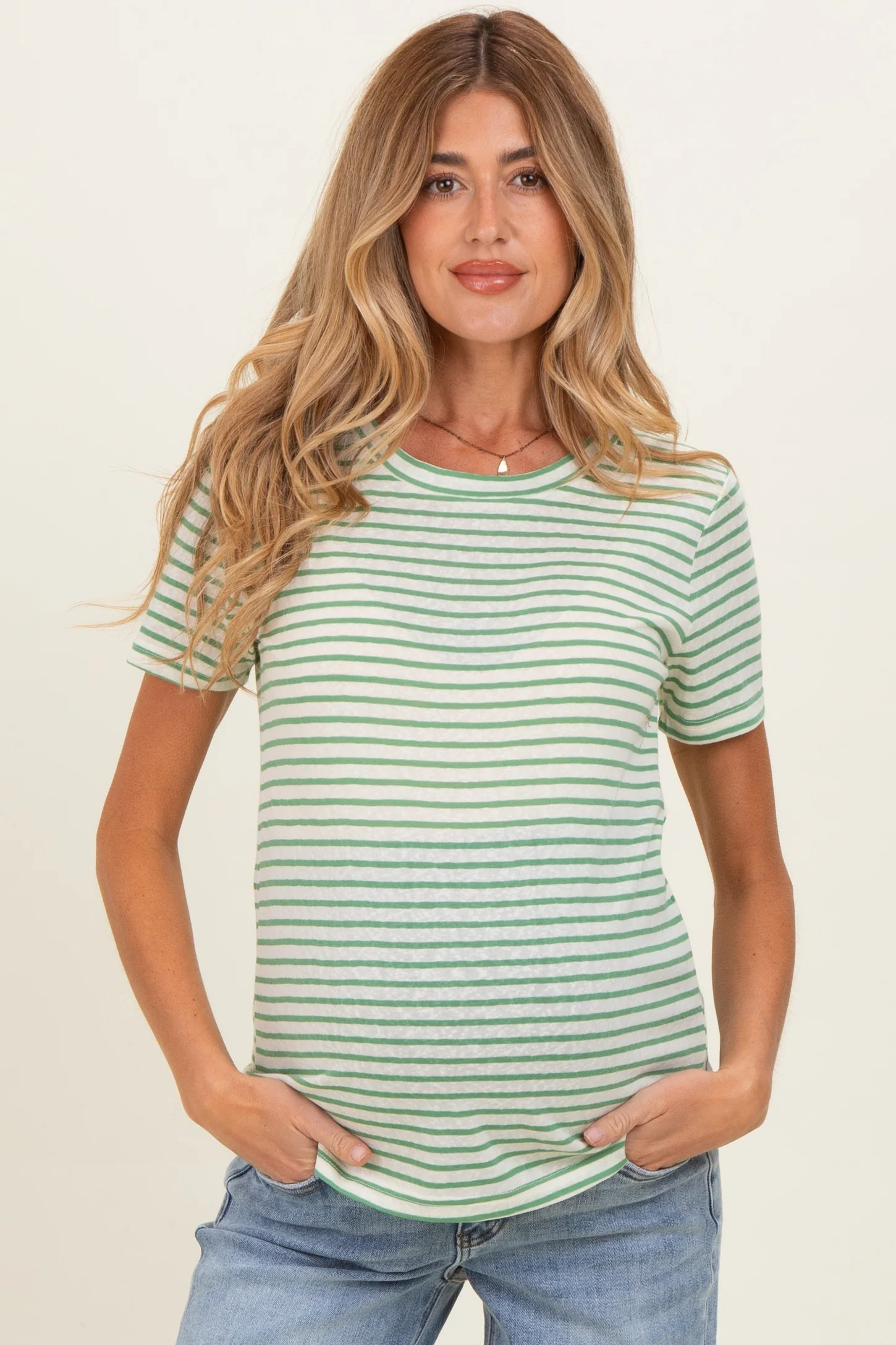 Green Striped Maternity Short Sleeve Top | PinkBlush Maternity