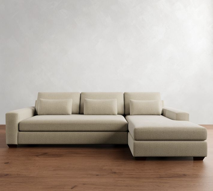 Big Sur Square Arm Upholstered Deep Seat Left Arm Sofa with Wide Chaise Sectional and Bench Cushion, Down Blend Wrapped Cushions, Chenille Basketweave Oatmeal | Pottery Barn (US)