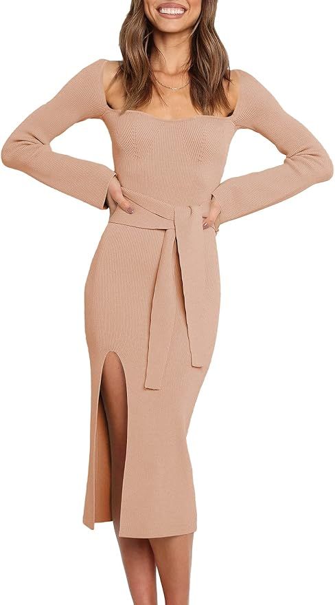 Prinbara Women's Long Sleeve Sweetheart Neck Bodycon Sweater Slit Tie Waist Knit Midi Dress | Amazon (US)
