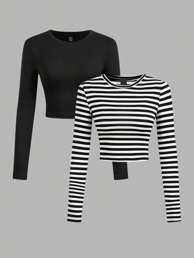 SHEIN EZwear 2pcs Casual & Simple Striped Round Neck Long Sleeve Slim Cropped Women's T-Shirt Fal... | SHEIN