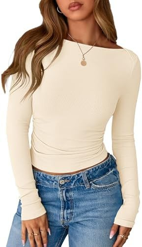 BTFBM Womens Long Sleeve T Shirts Spring Clothes 2026 Ribbed Slim Fit Boat Neck Casual Going Out ... | Amazon (US)