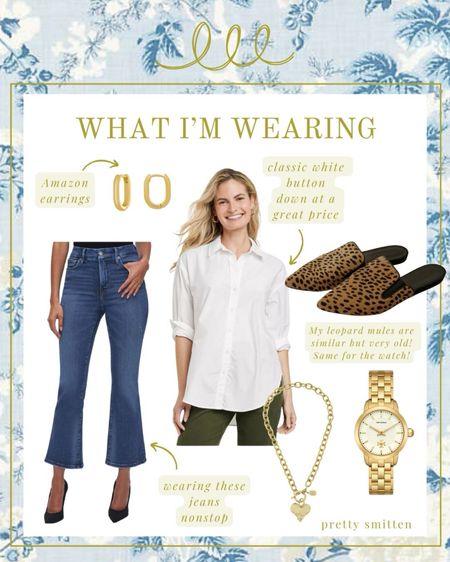 Classic style - cropped denim, white button down, leopard mules, gold hoop earrings, gold Tory Burch watch, chair toggle heart necklacee

#LTKover40 #LTKstyletip #LTKmidsize